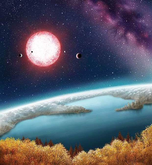 Interpretación artística de la superficie de Kepler-186f. Las plantas tienen una tonalidad amarillenta debido a la luz emitida por la estrella anfitriona de este mundo. El agua y las nubes probablemente sean más naranjas.