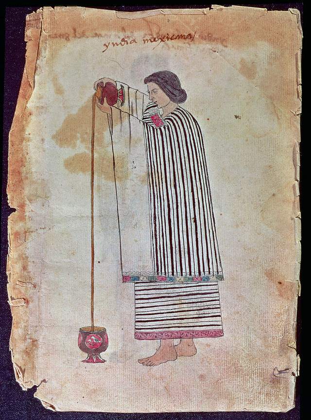 Escena de mediados de siglo XVI que retrata a una mujer indígena preparando chocolate.