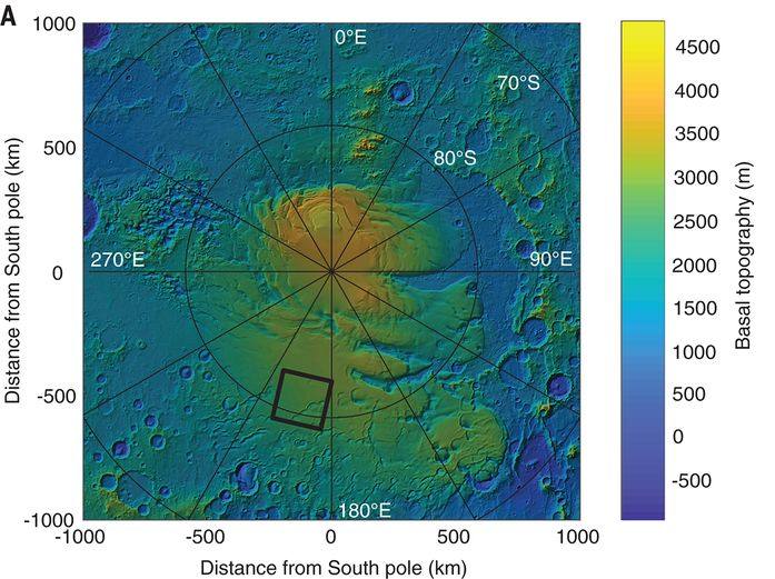 Ubicación del lago subglacial en el polo sur de Marte.