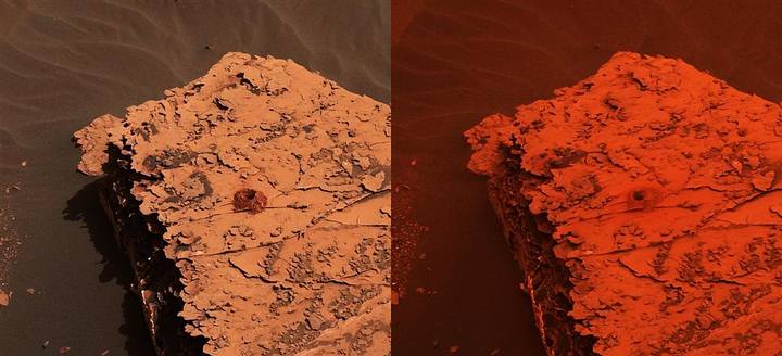 Dos imágenes tomadas por la Mast Camera (Mastcam) del rover Curiosity que muestran el cambio de color en la iluminación de la superficie de Marte. El sitio, conocido como Duluth, fue perforado recientemente por el Curiosity en busca de muestras.
