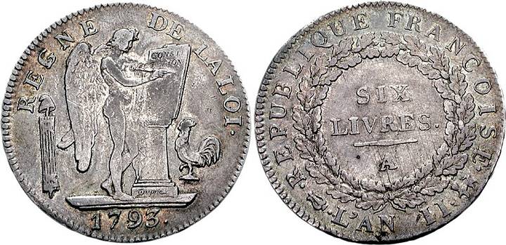 Escudo de seis libras, moneda de 1793.