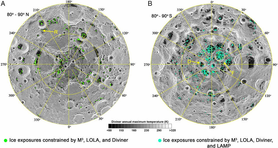Esta imagen muestra la distribución del hielo superficial en el polo sur (izquierda) y polo norte (derecha) de la Luna, detectado por el instrumento Moon Mineralogy Mapper de la NASA.