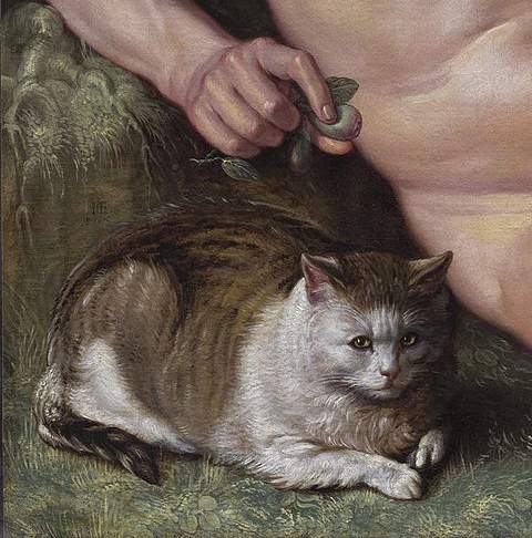 Detalle de la obra 'La Caída del Hombre', de Hendrick Goltzius. En ella se ve un gato con ojos inusualmente pequeños y una expresión muy humana, sentado junto a Adán. (Crédito: National Gallery of Art, Washington D.C.)