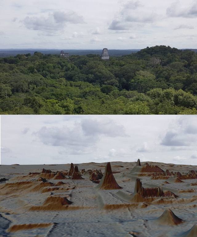 Fotografía de ruinas mayas (arriba) y su reconstrucción por medio de la tecnología LiDAR.