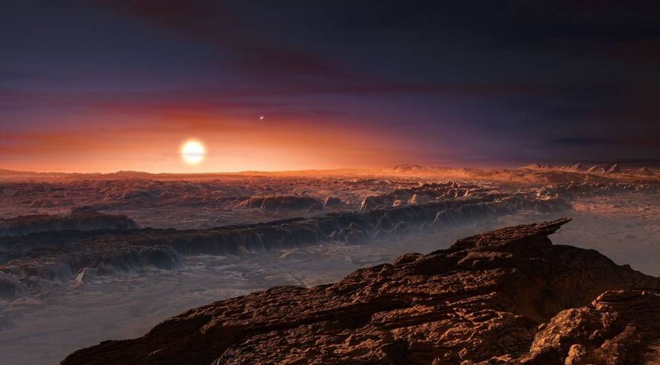 Recreación artística de la superficie de Próxima b, hallado en torno a Próxima Centauri, la estrella más cercana al Sistema Solar.