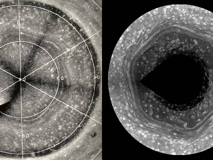 Antes de Cassini, en la década de 1980 la nave espacial Voyager había revelado un hexágono de baja altitud en el polo norte de Saturno. Ese hexágono es una onda duradera que se cree que está relacionada con la rotación de Saturno, similar a la forma en que la rotación de la Tierra influye en la corriente de chorro polar.