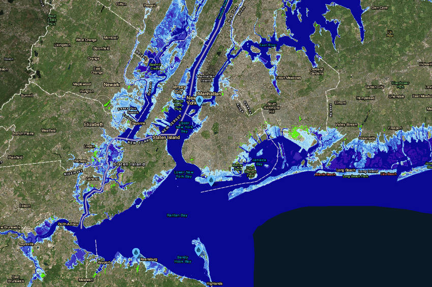 Parte de Nueva York y Nueva Jersey en un escenario donde el nivel de los océanos aumentó más de dos metros.